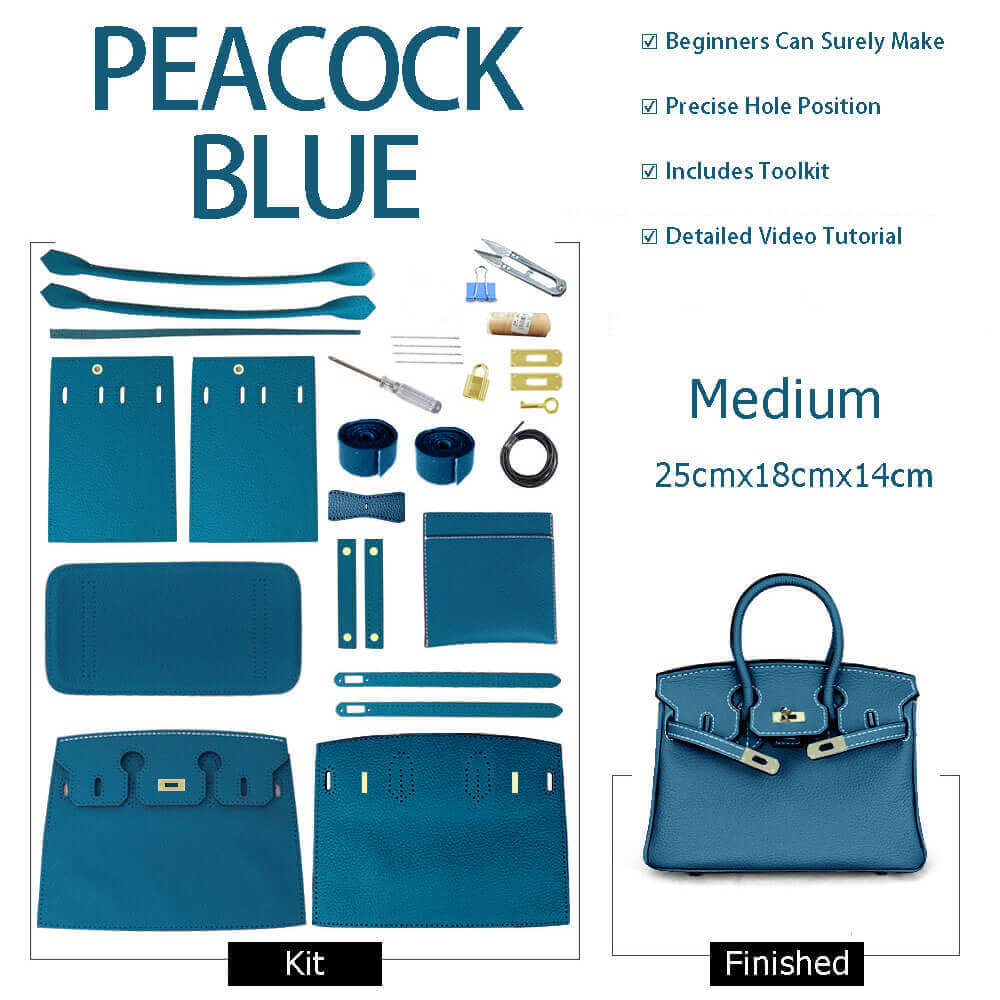 Birkin - Style Leather Tote Bag DIY Kit – Babylon Leather - Babylon LeatherBabylon LeatherSY04 - Peacock Blue - Medium - Gold & White