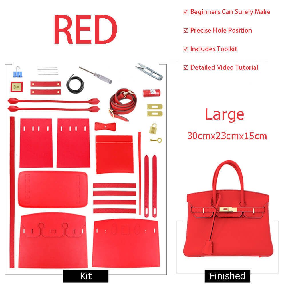 Birkin - Style Leather Tote Bag DIY Kit – Babylon Leather - Babylon LeatherBabylon LeatherSY04 - Red - Large - Gold & Color - Matched