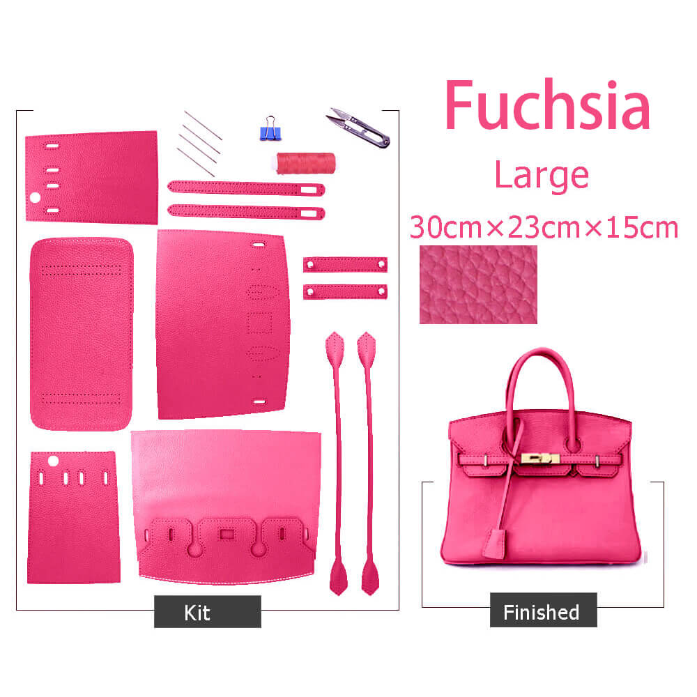 Birkin-Style Leather Tote Bag DIY Kit – Babylon Leather - Babylon LeatherBabylon LeatherSY04-Togo Leather-Fuchsia-Large-Gold & White