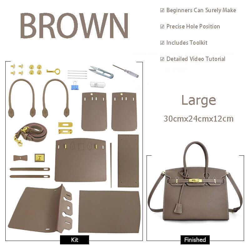 Birkin - Style Leather Tote Bag DIY Kit (No Piping Strip) - Babylon Leather - Babylon LeatherBabylon LeatherSY101-Brown-Gold-White