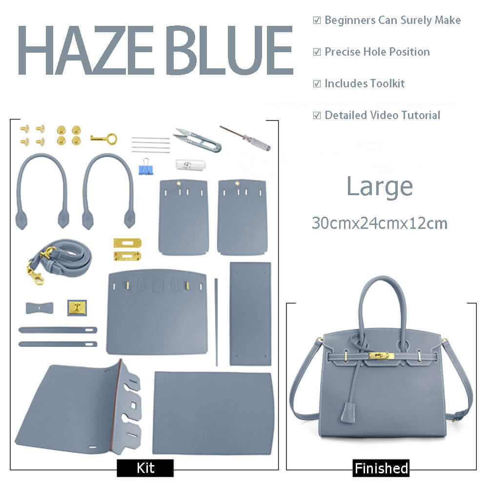 Birkin - Style Leather Tote Bag DIY Kit (No Piping Strip) - Babylon Leather - Babylon LeatherBabylon LeatherSY101-Haze Blue-Gold-White