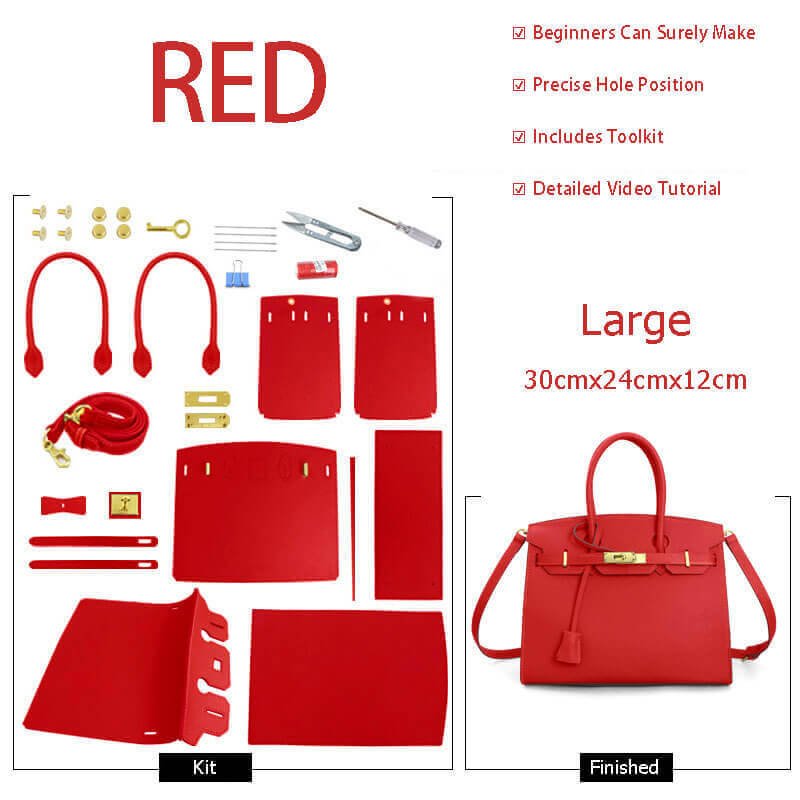 Birkin - Style Leather Tote Bag DIY Kit (No Piping Strip) - Babylon Leather - Babylon LeatherBabylon LeatherSY101-Red-Gold-Color-Matched