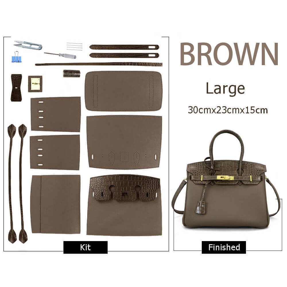 Birkin-Style Leather Tote Bag DIY Kit with Crocodile Flap – Babylon Leather - Babylon LeatherBabylon Grand SaleBabylon LeatherSY112-Brown-Gold-Color-Matched