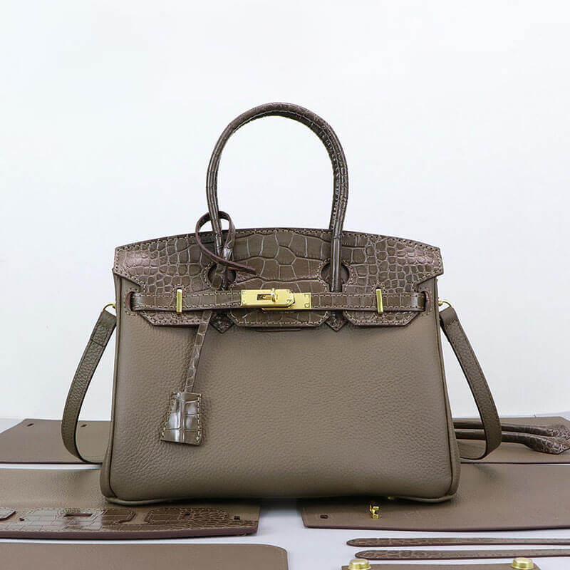 Birkin-Style Leather Tote Bag DIY Kit with Crocodile Flap – Babylon Leather - Babylon LeatherBabylon Grand SaleBabylon LeatherSY112-Brown-Gold-Color-Matched