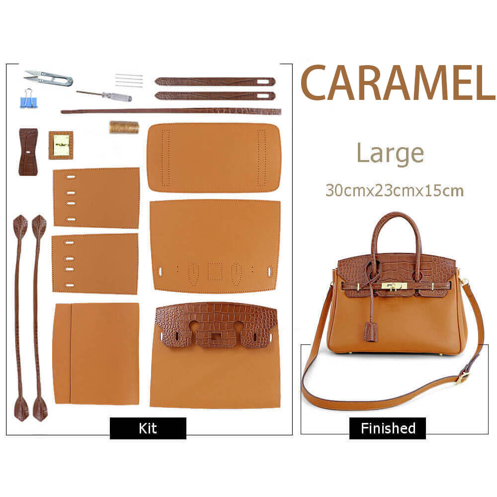 Birkin-Style Leather Tote Bag DIY Kit with Crocodile Flap – Babylon Leather - Babylon LeatherBabylon Grand SaleBabylon LeatherSY112-Caramel-Gold-Color-Matched