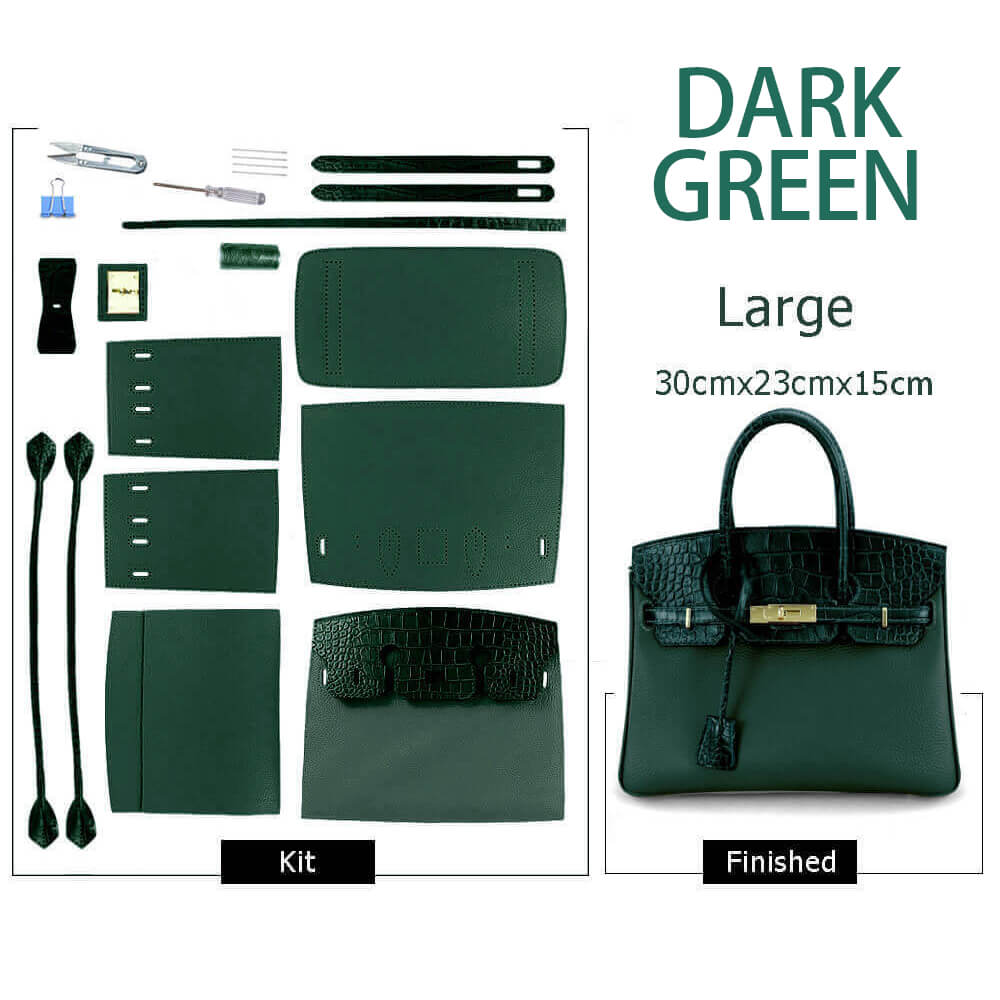 Birkin-Style Leather Tote Bag DIY Kit with Crocodile Flap – Babylon Leather - Babylon LeatherBabylon Grand SaleBabylon LeatherSY112-Dark Green-Gold-Color-Matched