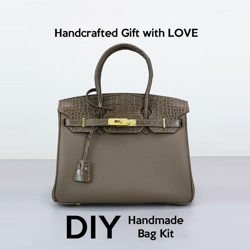 Birkin - Style Leather Tote Bag DIY Kit with Crocodile Flap – Babylon Leather - Babylon LeatherBabylon LeatherSY112 - Brown - Gold - Color - Matched