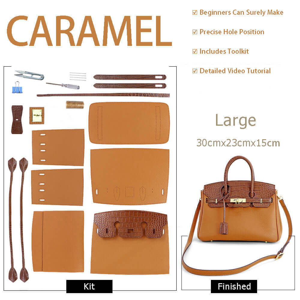 Birkin - Style Leather Tote Bag DIY Kit with Crocodile Flap – Babylon Leather - Babylon LeatherBabylon LeatherSY112-Caramel-Gold-Color-Matched