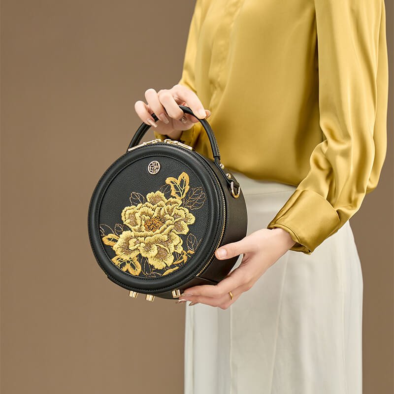 Bloom of Legacy Leather and Silk Round Crossbody Bag – Babylon Leather - Babylon LeatherBabylon LeatherTX129-Black