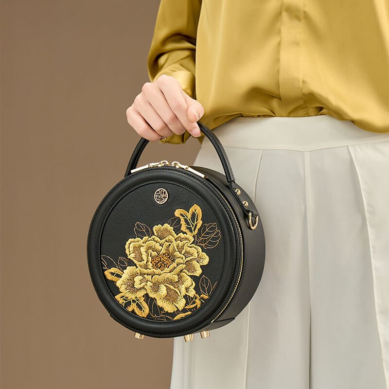 Bloom of Legacy Leather and Silk Round Crossbody Bag – Babylon Leather - Babylon LeatherBabylon LeatherTX129-Black