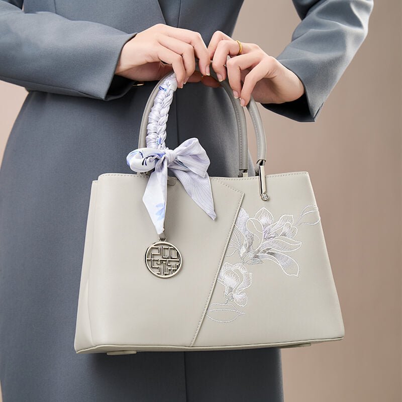 Calm Elegance Leather Embroidery Handbag Crossbody Bag – Babylon Leather - Babylon LeatherBabylon LeatherTX186-Grey