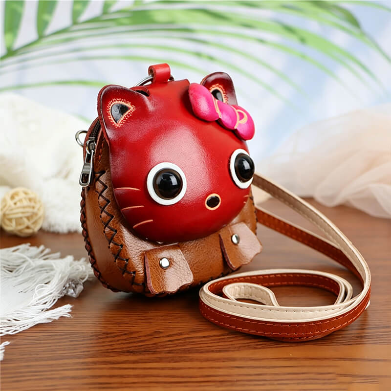 Cartoon Kitten-Shaped Leather Coin Purse – Babylon Leather - Babylon LeatherBabylon LeatherLLZ133-Red