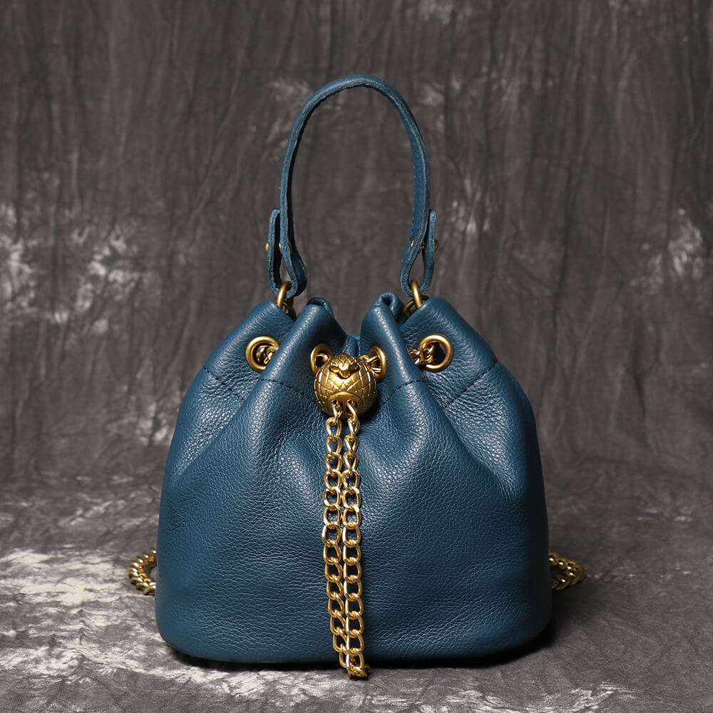 Compact Top - Grain Leather Mini Drawstring Bucket Handbag – Babylon Leather - Babylon LeatherBabylon LeatherLJ142-Blue