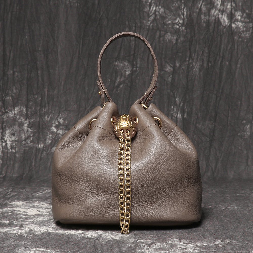Compact Top - Grain Leather Mini Drawstring Bucket Handbag – Babylon Leather - Babylon LeatherBabylon LeatherLJ142-Khaki