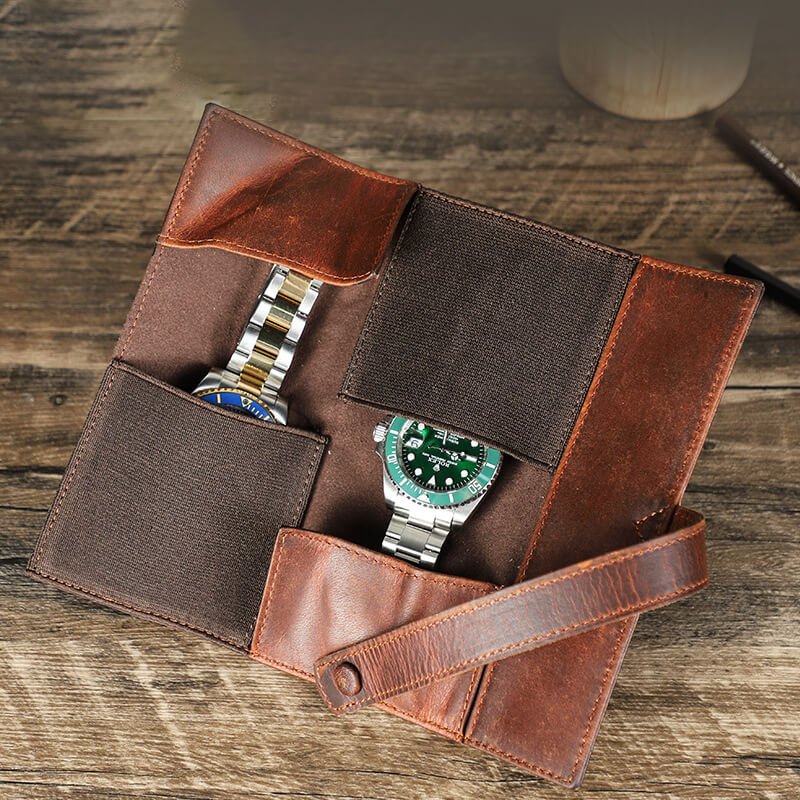 Crazy Horse Leather Watch Wrap Case, 2 Slots – Babylon Leather - Babylon LeatherBabylon LeatherSD11-Coffee