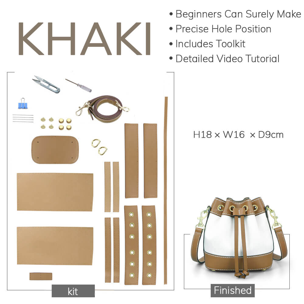 Customizable Panel Leather Drawstring Bucket Bag DIY Kit – Babylon Leather - Babylon LeatherBabylon LeatherSYR21 - Khaki - Self - Adhesive Glue - Color - Matched & With Fabric