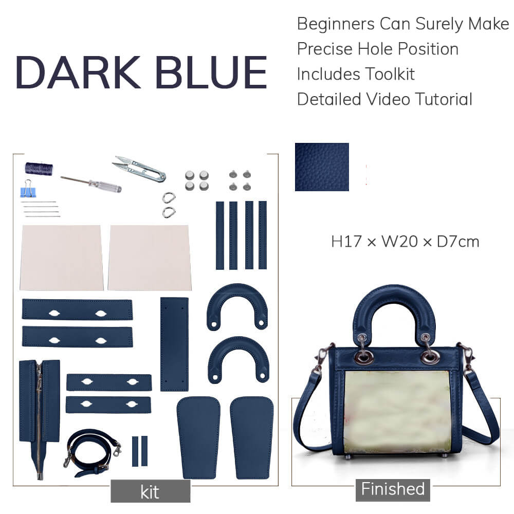 Customizable Panel Mini Lady Bag DIY Kit – Babylon Leather - Babylon LeatherBabylon LeatherSYR10-Daek  Blue-Self-Adhesive Glue-Color-Matched & With Fabric