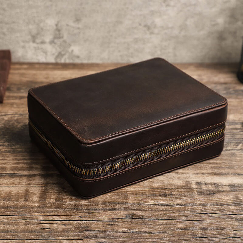 Square Crazy Horse Leather Watch Storage Case 4 Slots – Babylon Leather