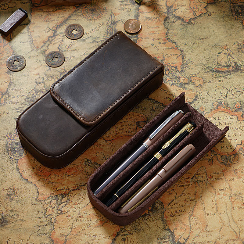 Magnetic Drawer Pen Box 3-Slot Crazy Horse Leather – Babylon Leather