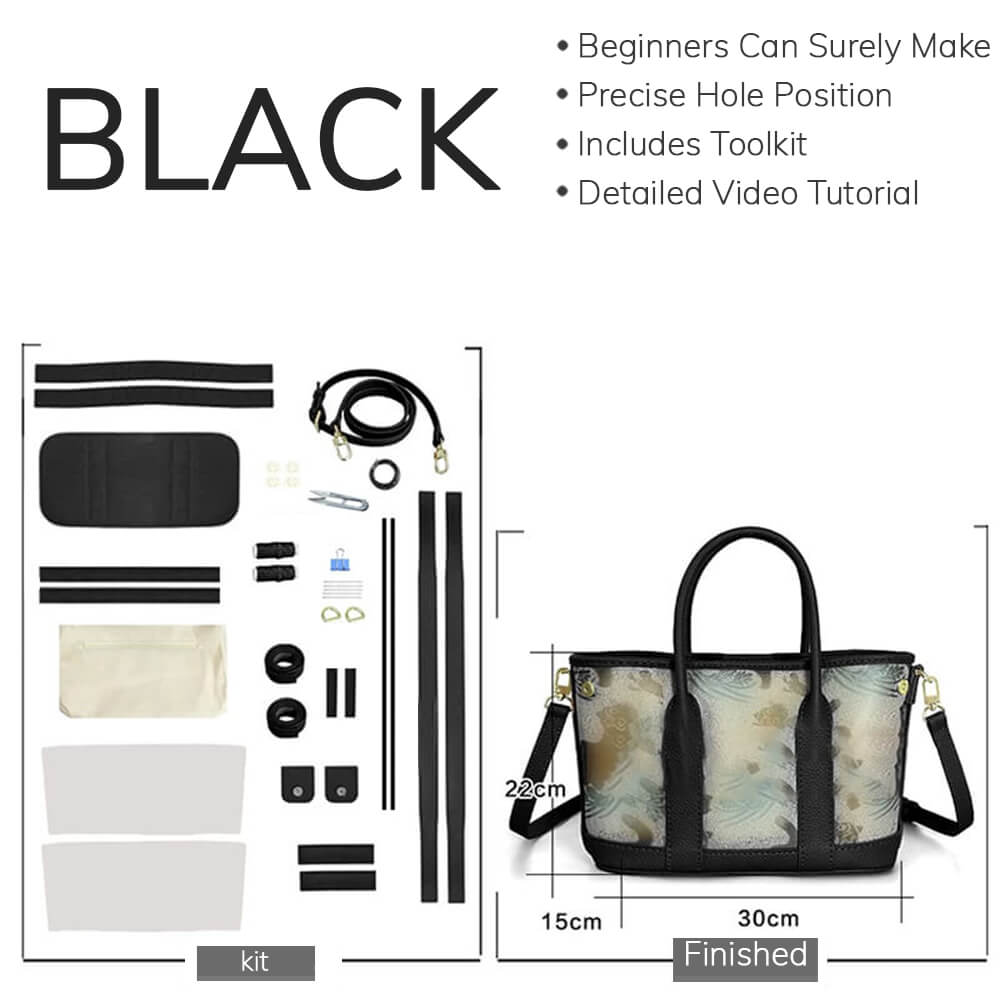 DIY Customizable Panel Garden Party Tote Bag Kit – Babylon Leather - Babylon LeatherBabylon LeatherSYR02-Black-Large &  Hardware Components-Color-Matched & With Fabric
