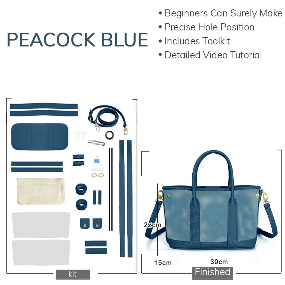 DIY Customizable Panel Garden Party Tote Bag Kit – Babylon Leather - Babylon LeatherBabylon LeatherSYR02-Peacock Blue-Large &  Hardware Components-Color-Matched & With Fabric