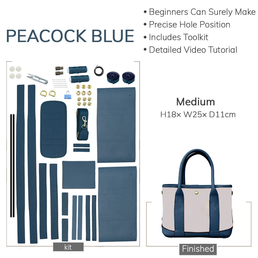 DIY Customizable Panel Garden Party Tote Bag Kit – Babylon Leather - Babylon LeatherBabylon LeatherSYR02-Peacock Blue-Medium & Hardware Components-Color-Matched & With Fabric