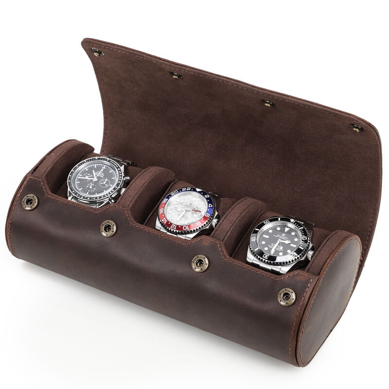 Snap-Closure Crazy Horse Leather Watch Roll, 3 Slots – Babylon Leather