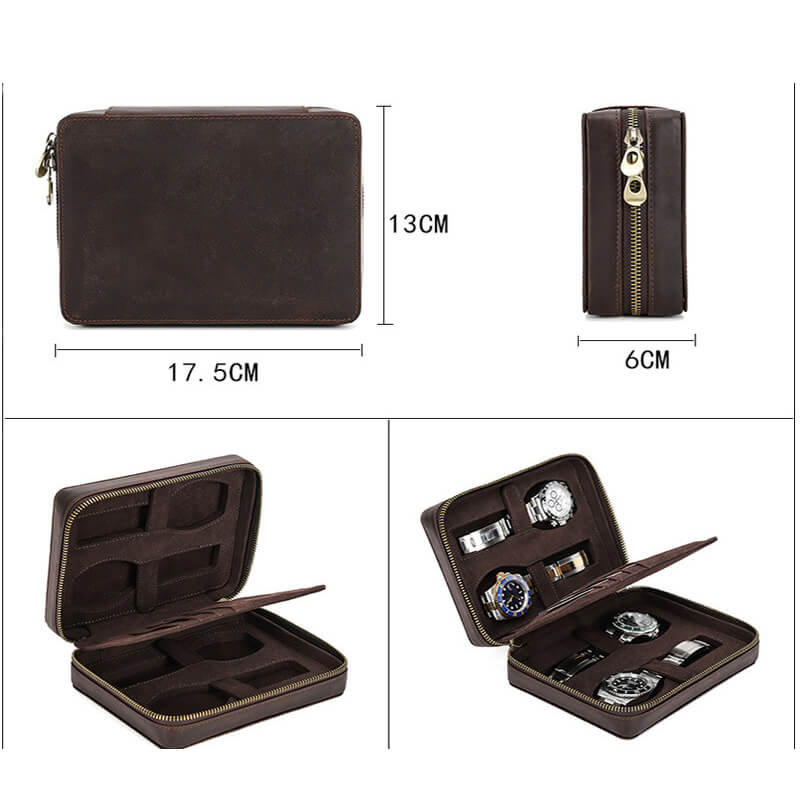 Square Crazy Horse Leather Watch Storage Case 4 Slots – Babylon Leather