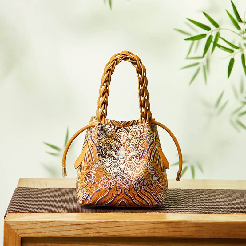 Gentle Orbit Leather and Silk Handbag Bucket Bag – Babylon Leather - Babylon LeatherBabylon LeatherTX155-Brown