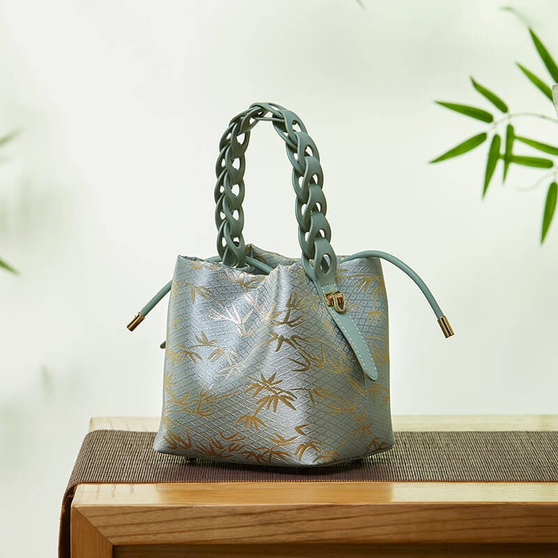 Gentle Orbit Leather and Silk Handbag Bucket Bag – Babylon Leather - Babylon LeatherBabylon LeatherTX155-Green 1
