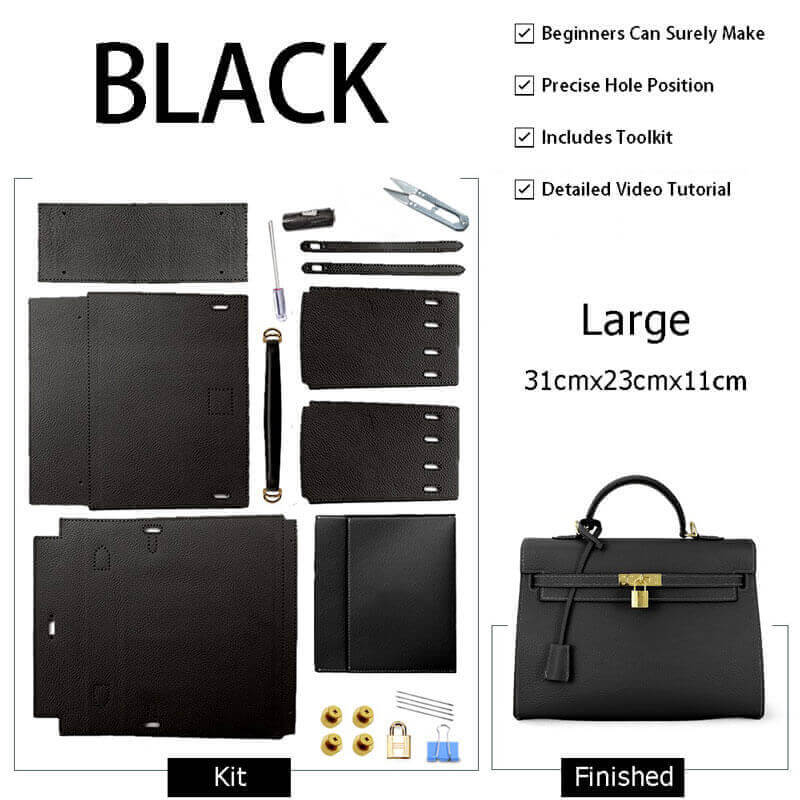 Kelly - Style Epsom Leather Bag DIY Kit – Babylon Leather - Babylon LeatherBabylon LeatherSY34 - Epsom - Black - Large - Gold & Color - Matched