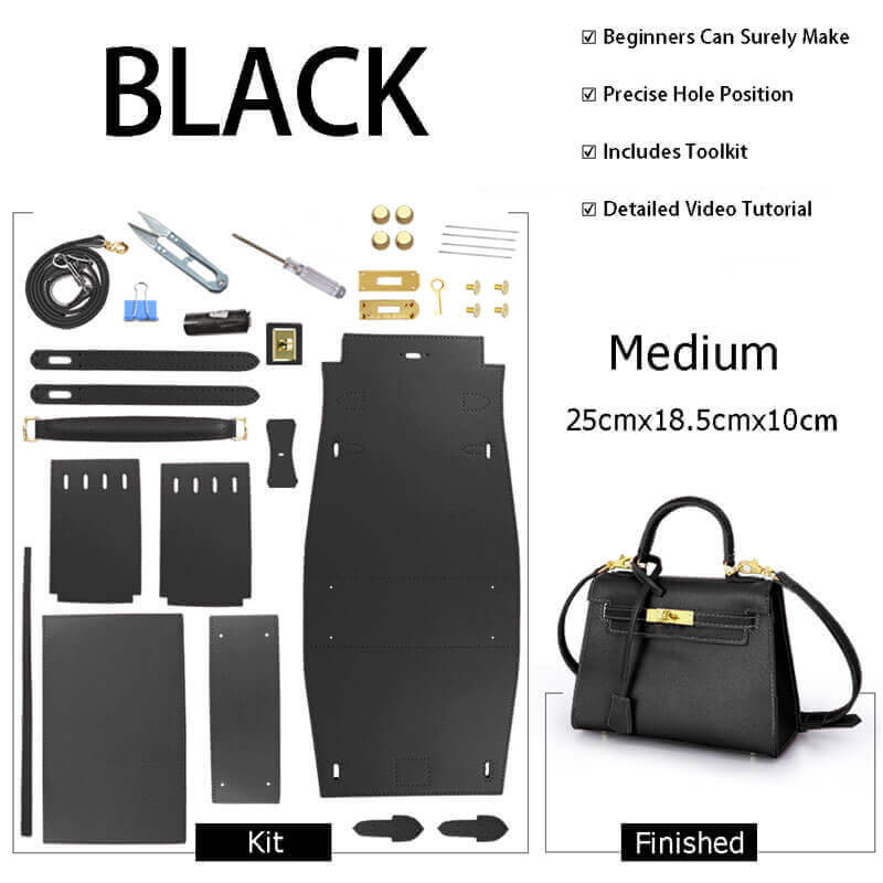 Kelly - Style Epsom Leather Bag DIY Kit – Babylon Leather - Babylon LeatherBabylon LeatherSY34 - Epsom - Black - Medium - Gold & Color - Matched