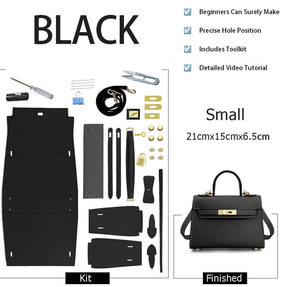 Kelly - Style Epsom Leather Bag DIY Kit – Babylon Leather - Babylon LeatherBabylon LeatherSY34 - Epsom - Black - Small - Gold & Color - Matched