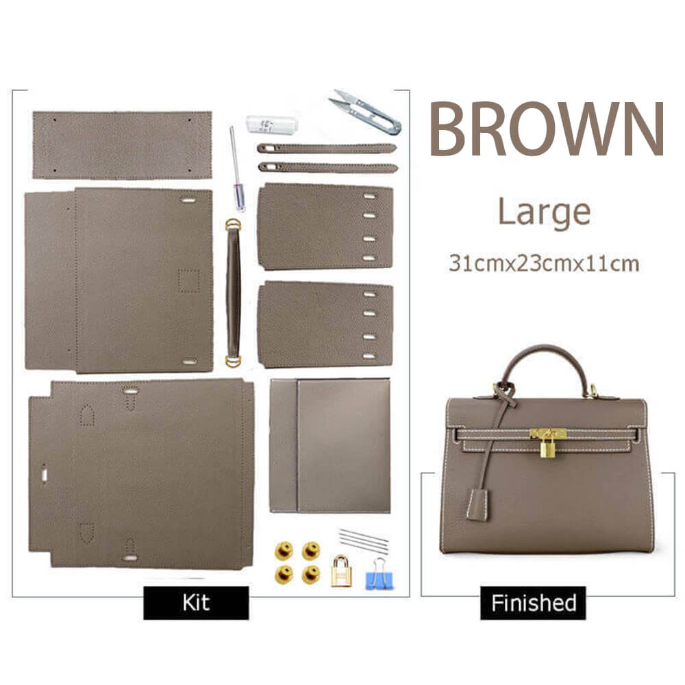 Kelly-Style Epsom Leather Bag DIY Kit – Babylon Leather - Babylon LeatherBabylon LeatherSY34-Epsom-Brown-Large-Gold & White
