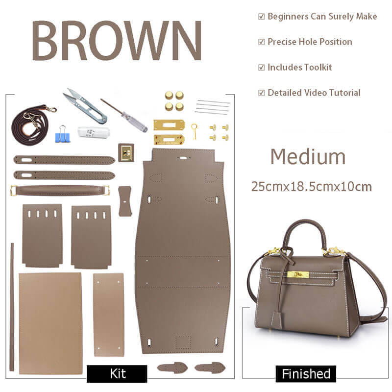 Kelly - Style Epsom Leather Bag DIY Kit – Babylon Leather - Babylon LeatherBabylon LeatherSY34 - Epsom - Brown - Medium - Gold & White