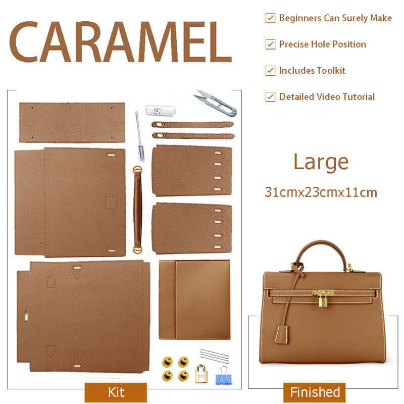 Kelly - Style Epsom Leather Bag DIY Kit – Babylon Leather - Babylon LeatherBabylon LeatherSY34 - Epsom - Caramel - Large - Gold & White