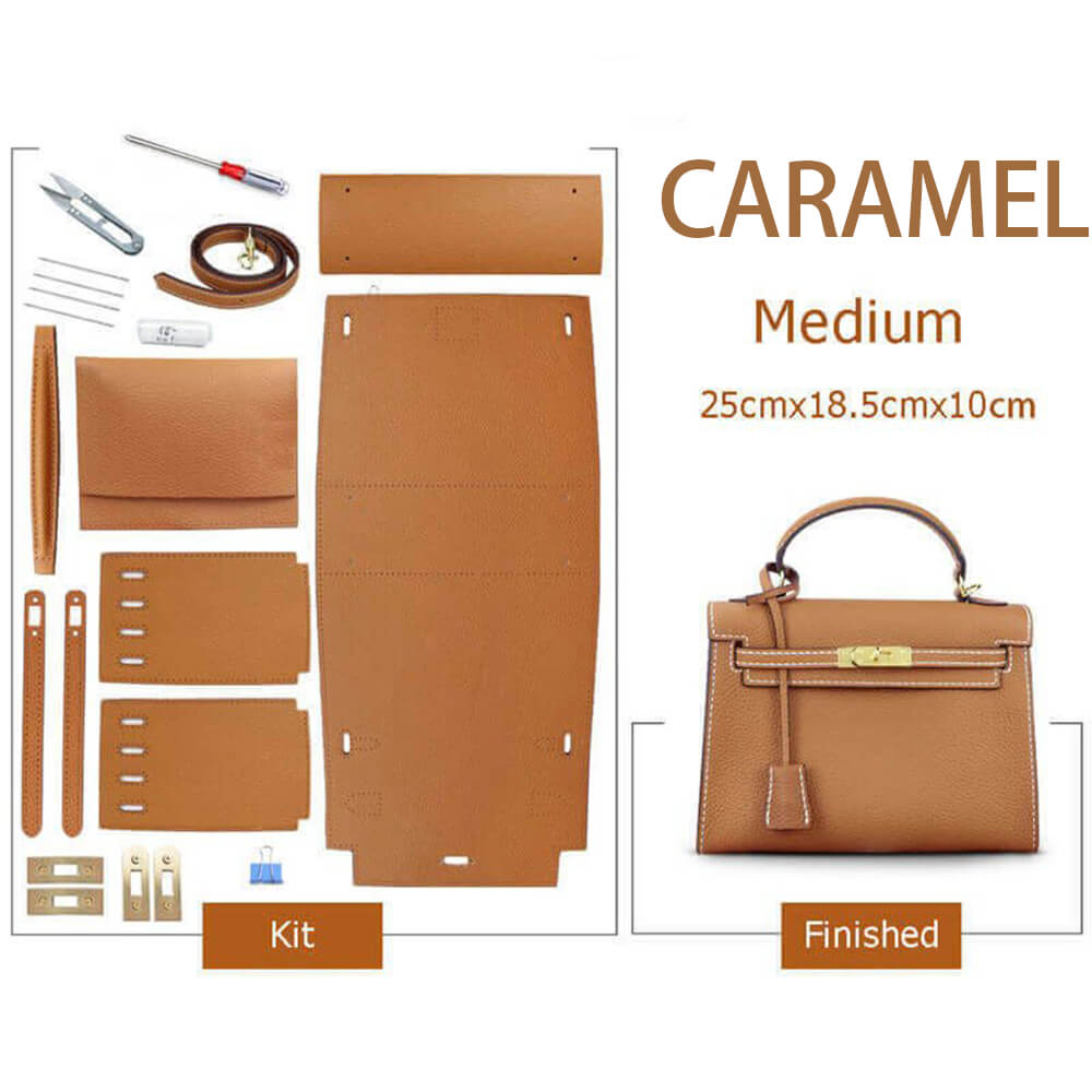 Kelly-Style Epsom Leather Bag DIY Kit – Babylon Leather - Babylon LeatherBabylon LeatherSY34-Epsom-Caramel-Medium-Gold & White