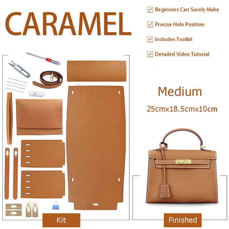 Kelly - Style Epsom Leather Bag DIY Kit – Babylon Leather - Babylon LeatherBabylon LeatherSY34 - Epsom - Caramel - Medium - Gold & White
