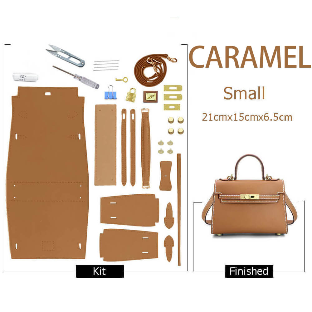 Kelly-Style Epsom Leather Bag DIY Kit – Babylon Leather - Babylon LeatherBabylon LeatherSY34-Epsom-Caramel-Small-Gold & White