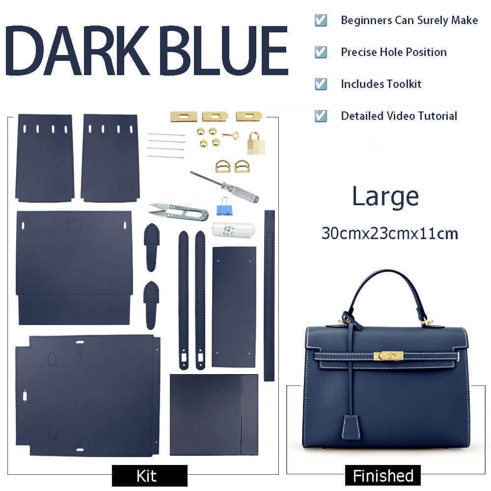 Kelly - Style Epsom Leather Bag DIY Kit – Babylon Leather - Babylon LeatherBabylon LeatherSY34-Epsom-Dark Blue-Large-Gold & White