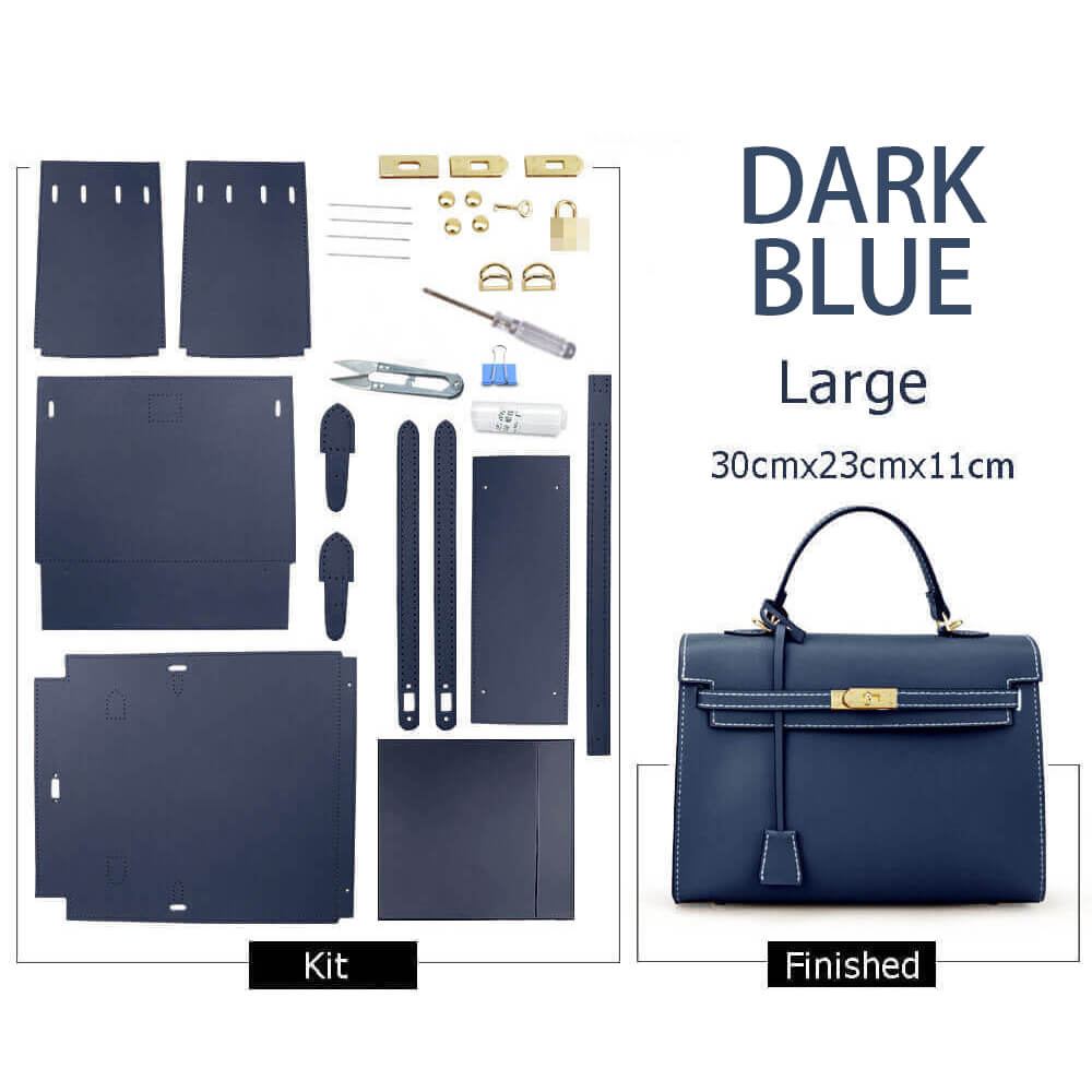 Kelly-Style Epsom Leather Bag DIY Kit – Babylon Leather - Babylon LeatherBabylon LeatherSY34-Epsom-Dark Blue-Large-Gold & White