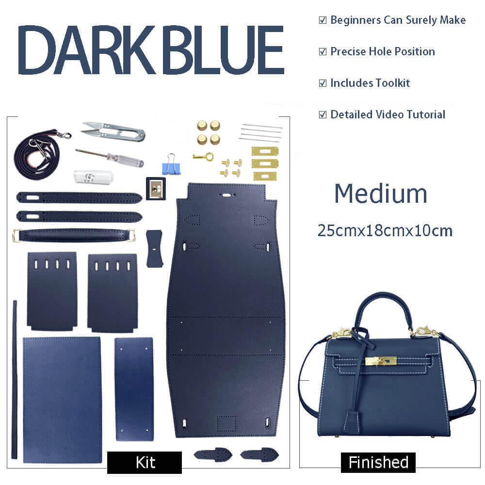 Kelly - Style Epsom Leather Bag DIY Kit – Babylon Leather - Babylon LeatherBabylon LeatherSY34-Epsom-Dark Blue-Medium-Gold & White