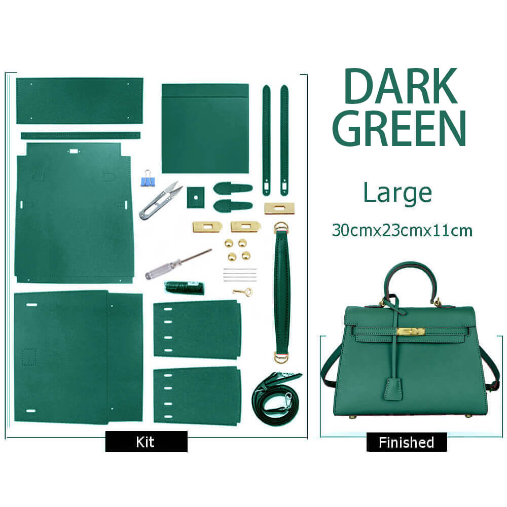 Kelly-Style Epsom Leather Bag DIY Kit – Babylon Leather - Babylon LeatherBabylon LeatherSY34-Epsom-Dark Green-Large-Gold & White