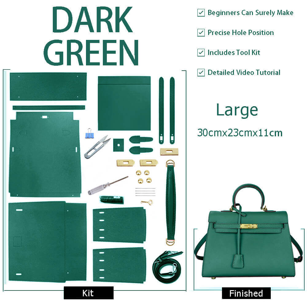 Kelly - Style Epsom Leather Bag DIY Kit – Babylon Leather - Babylon LeatherBabylon LeatherSY34 - Epsom - Dark Green - Large - Gold & White