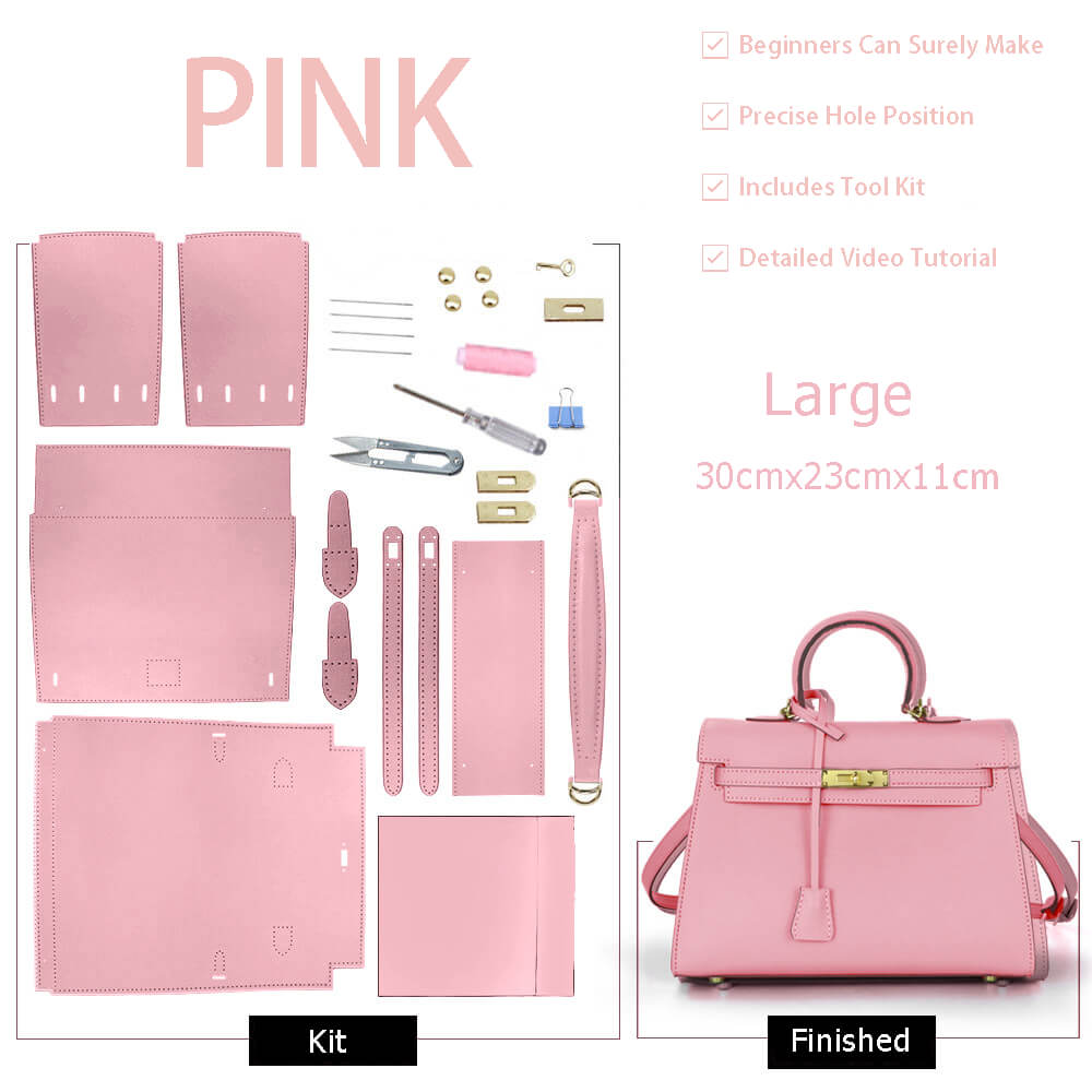 Kelly - Style Epsom Leather Bag DIY Kit – Babylon Leather - Babylon LeatherBabylon LeatherSY34-Epsom-Pink-Large-Gold & White