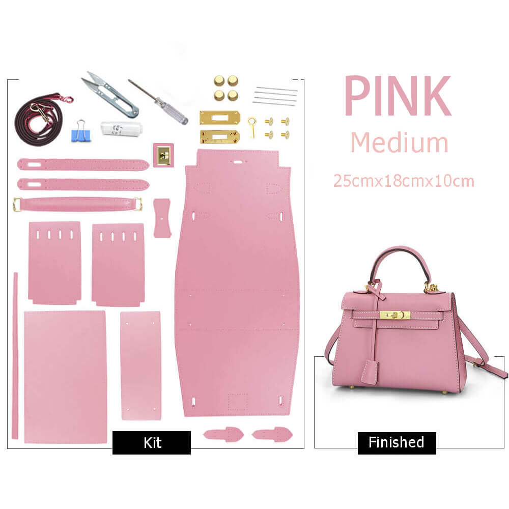 Kelly-Style Epsom Leather Bag DIY Kit – Babylon Leather - Babylon LeatherBabylon LeatherSY34-Epsom-Pink-Medium-Gold & White