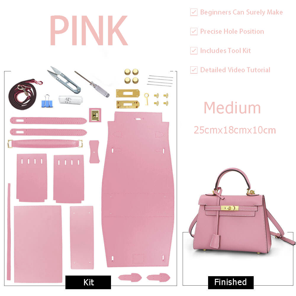 Kelly - Style Epsom Leather Bag DIY Kit – Babylon Leather - Babylon LeatherBabylon LeatherSY34-Epsom-Pink-Medium-Gold & White