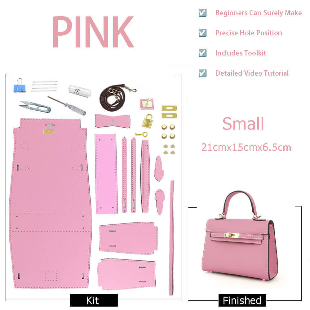 Kelly - Style Epsom Leather Bag DIY Kit – Babylon Leather - Babylon LeatherBabylon LeatherSY34 - Epsom - Pink - Small - Gold & White