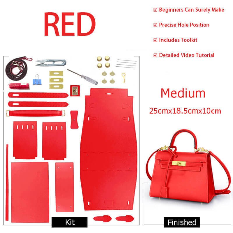 Kelly - Style Epsom Leather Bag DIY Kit – Babylon Leather - Babylon LeatherBabylon LeatherSY34 - Epsom - Red - Medium - Gold & Color - Matched