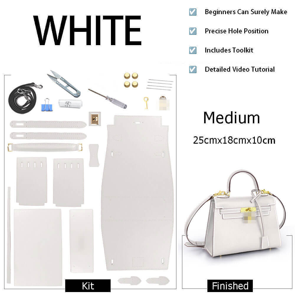 Kelly - Style Epsom Leather Bag DIY Kit – Babylon Leather - Babylon LeatherBabylon LeatherSY34 - Epsom - White - Medium - Gold & Color - Matched